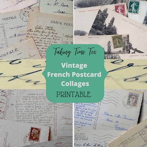 Colagens de cartões postais franceses vintage imprimíveis, diferentes coleções e efeitos, frente e verso. Planos de fundo para projetos de artesanato e diários.