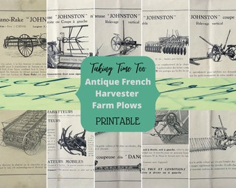 Printable French Farm Plows leaflet from Johnston Harvester, Paris.  Antique ephemera of country farming tools.