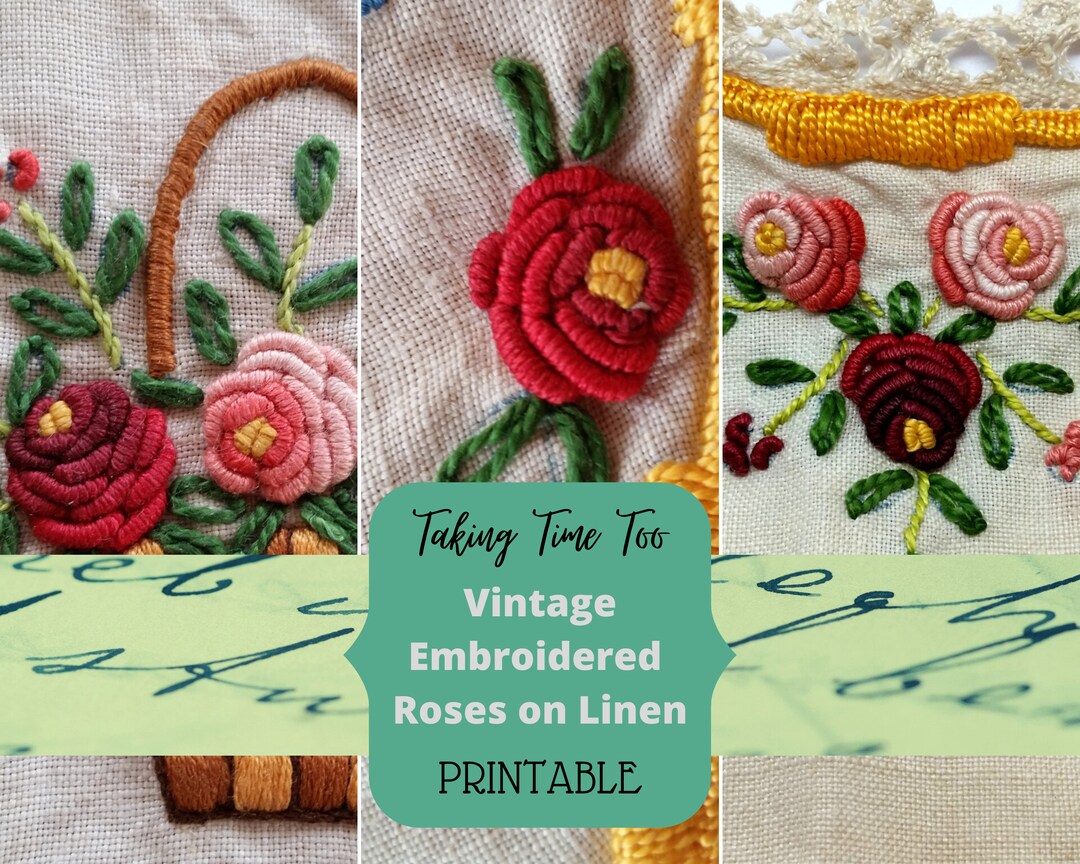 Printable Antique Embroidered Roses on French Linen. Gorgeous Colourful ...