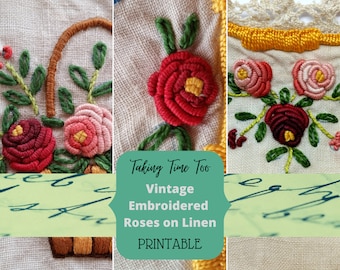 Printable Antique Embroidered Roses on French Linen. Gorgeous colourful embroidery images for craft projects, journals, scrapbooking.