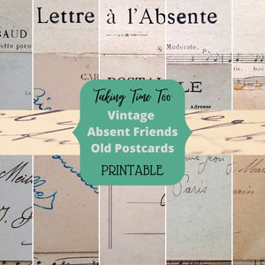 Printable Absent Friends Collages de cartes postales et de musique Français, dos de carte postale écrit à la main des années 1920 sur la feuille de musique « Lettre à l’absent ».