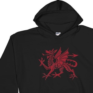 May include: Black hooded sweatshirt with a red dragon graphic on the front. The dragon is a stylized version of the Welsh dragon.