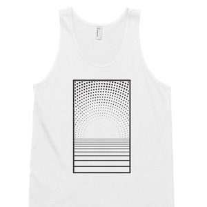 May include: White tank top with a black and white geometric design. The design features a series of concentric circles and horizontal lines.