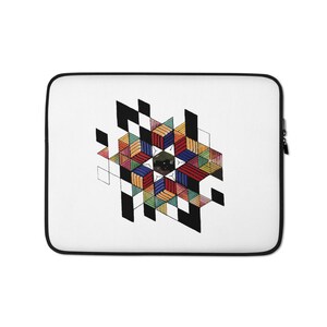 May include: A white laptop sleeve with a colorful geometric design. The design features a central star shape with black, red, blue, green, yellow, and orange squares and triangles. The design is surrounded by a black and white checkered pattern.