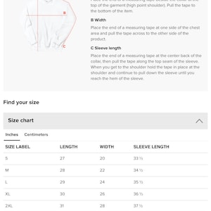 May include: Size chart for a hoodie with measurements in inches. The chart shows the size label, length, width, and sleeve length for sizes S through 5XL.