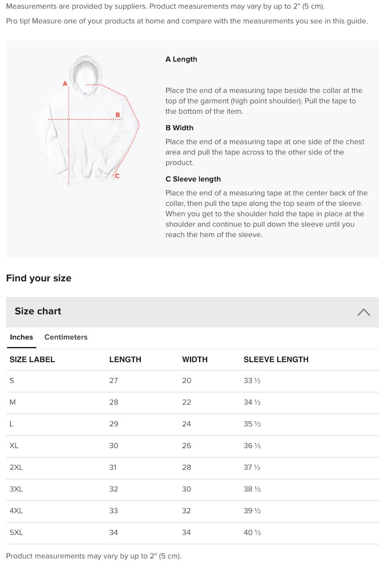 May include: Size chart for a hoodie with measurements in inches. The chart shows the size label, length, width, and sleeve length for sizes S through 5XL.