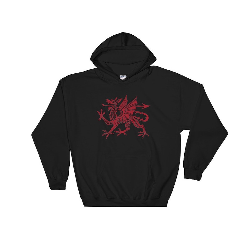May include: Black hooded sweatshirt with a red dragon graphic on the front. The dragon is a stylized version of the Welsh dragon.