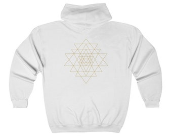 Sri Yantra Heavy Blend Full Zip Hooded Sweatshirt, Sacred Geometry Hoodie, Spiritual Clothing, Festival Hoodie