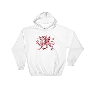 May include: White hooded sweatshirt with a red dragon graphic on the front. The dragon is a stylized version of the Welsh dragon.