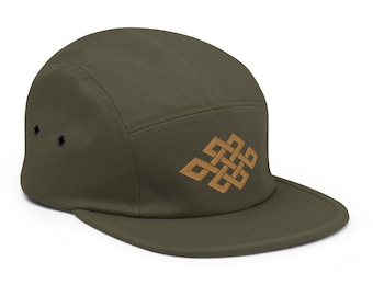 Eindeloze knoop vijf paneel cap, eeuwige knoop hoed, boeddhisme hoed, goede karma hoed, derde oog hoed, heilige geometrie hoed