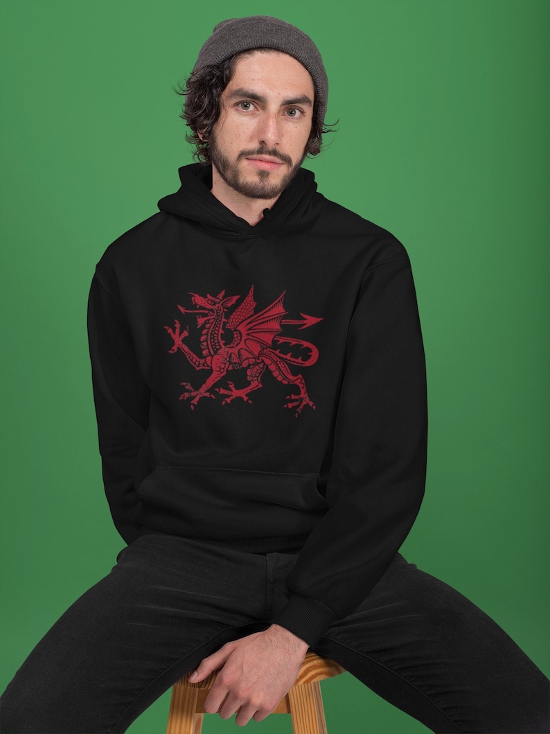 May include: Black hoodie with a red dragon graphic. The dragon is a traditional Welsh symbol.