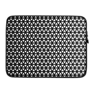 May include: Black and white laptop sleeve with a geometric pattern of repeating triangles.