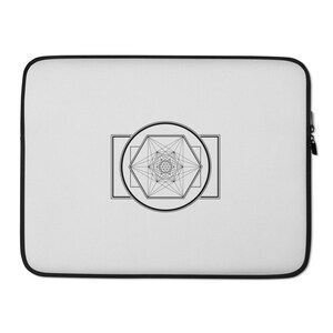 May include: A black and white geometric design on a white laptop sleeve. The design features a star within a circle, surrounded by a square.