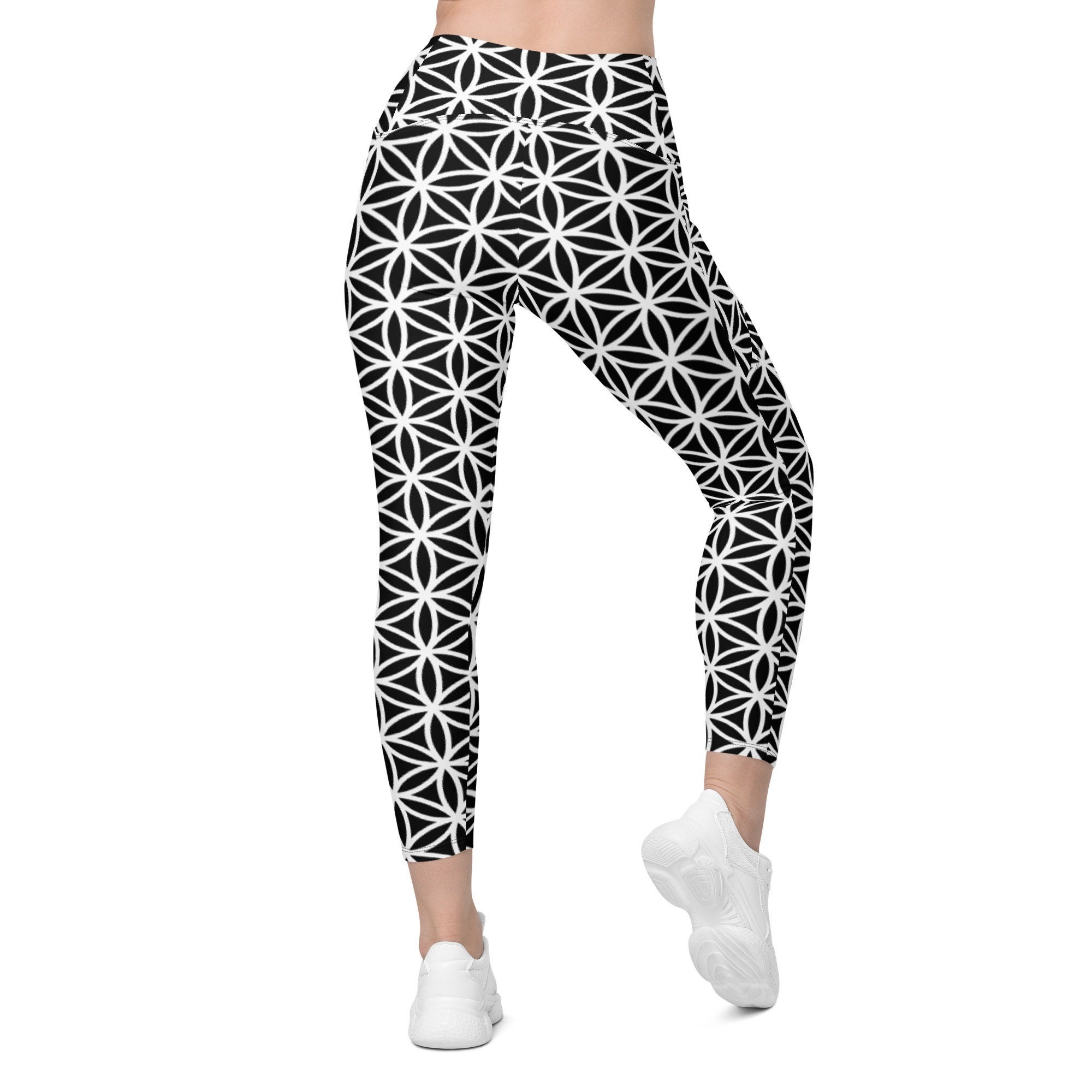 High Waisted Leggings with Pockets, Yoga Leggings, Sacred Geometry Leggings, Flower of Life Leggings, Workout Leggings, Crossover Leggings