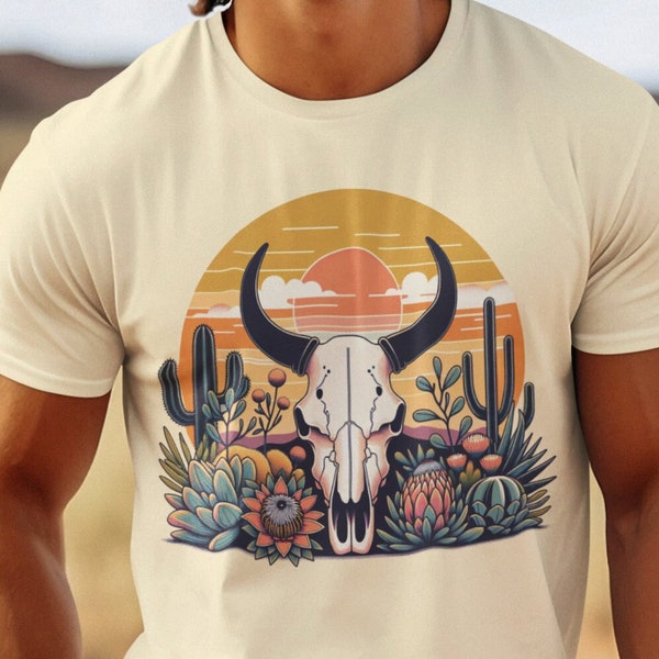 Cow Skull Desert Safari | Dry Protea Trio Illustration | Kalahari Desert Sunset Namibia Unsex T-Shirt