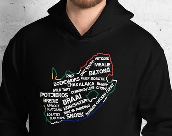 South Africa Food Map Hoodie Lekker Braai | Potjiekos Boerewors Sosaties Biltong Koeksister And More Yummy Food | Nou Gaan Ons Braai