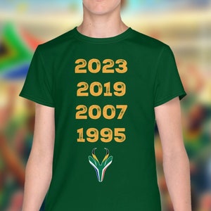 Sud Africa quattro volte campioni del mondo di rugby t-shirt vintage giovanile/testa e bandiera Springbok 2023 2019 2007 1995/Nou Gaan Ons Braai/Lekker