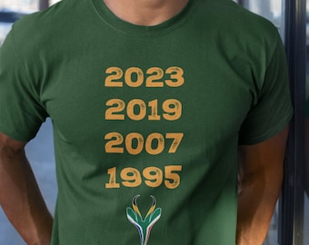 South Africa Four Time World Rugby Champs Vintage T-Shirt | Springbok Head & Flag 2023 2019 2007 1995  | Nou Gaan Ons Braai | Lekker