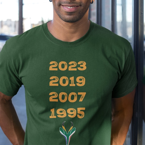 South Africa Four Time World Rugby Champs Vintage T-Shirt | Springbok Head & Flag 2023 2019 2007 1995  | Nou Gaan Ons Braai | Lekker