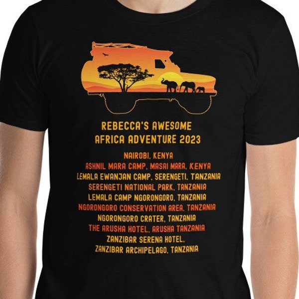 African Safari Vehicle 4x4 Custom T-Shirt | African Safari Bucket List | Vintage Sunset | Elephant Family | Acacia Tree