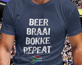 Beer Braai Bokke Repeat T Shirt | South Africa Rugby Supporter | Braai Time