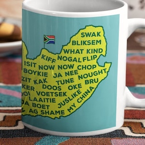Funny South Africa Slang Words Mug | South African Flag | South Africa Map | Afrikaans Words | South African Gifts