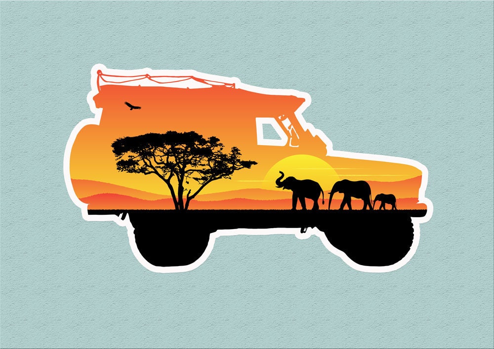 Etiqueta africana do veículo 4x4 do safari de <br> Entrega Rápida? Pôr do sol vintage | Família Elefante | Acácia