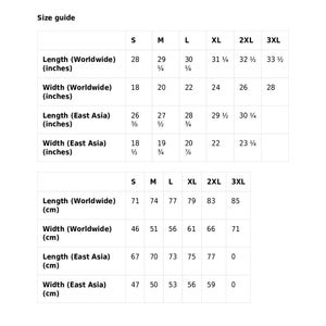 May include: Size guide chart for clothing with measurements in inches and centimeters. The chart shows the length and width of clothing in different sizes, including S, M, L, XL, 2XL, and 3XL. The measurements are listed for both worldwide and East Asia sizing.