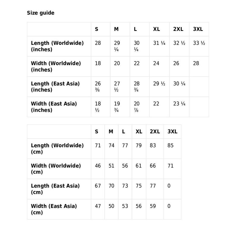 May include: Size guide chart for clothing with measurements in inches and centimeters. The chart shows the length and width of clothing in different sizes, including S, M, L, XL, 2XL, and 3XL. The measurements are listed for both worldwide and East Asia sizing.