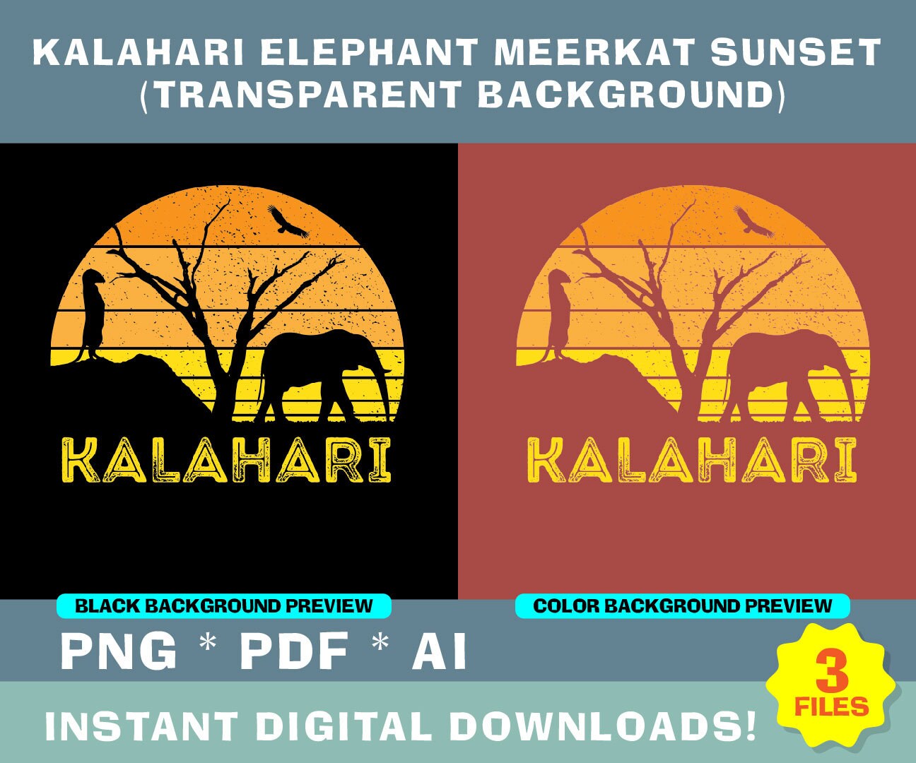Kalahari Desert Elephant Meerkat Digital File Bundle | Sunset Safari Africa png pdf ai