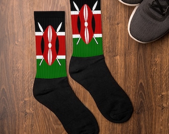 Meias com bandeira do Quênia | Escudo Maasai e duas lanças cruzadas | Safári na África | Língua Bantu