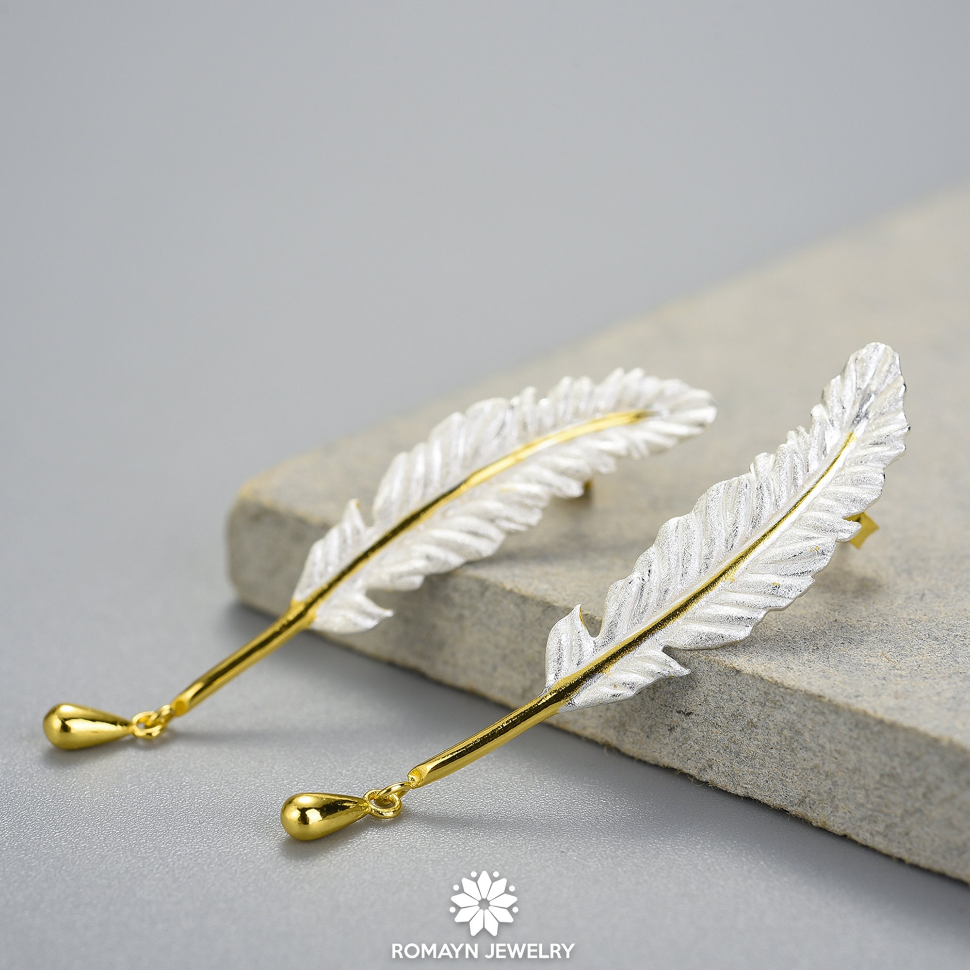 Feather Earrings Gold Earrings Silver Earrings Dangle - Etsy