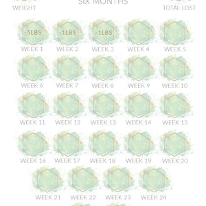 Leuke gewichtsverliestracker | Digitale download | Salie en goud art deco | Zes maanden