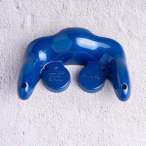 May include: A glossy, blue video game controller with a distinctive shape. The controller has two circular buttons and two finger grips. The Nintendo logo is visible on the bottom. The controller is designed for gaming.