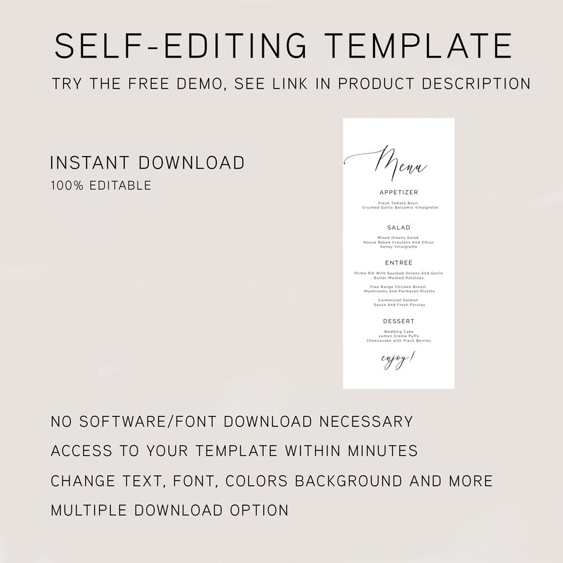 Minimalist Printable Menu Signature Menu Template Modern Etsy