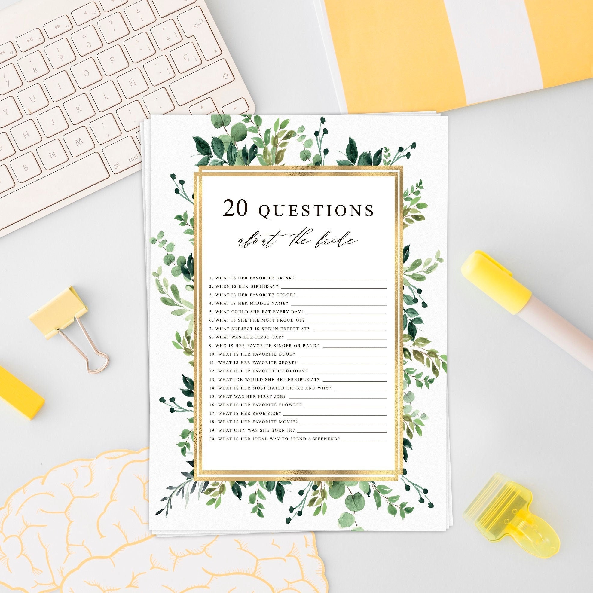 20 Questions Bridal Shower Game Questions Bridal Shower Game Etsy