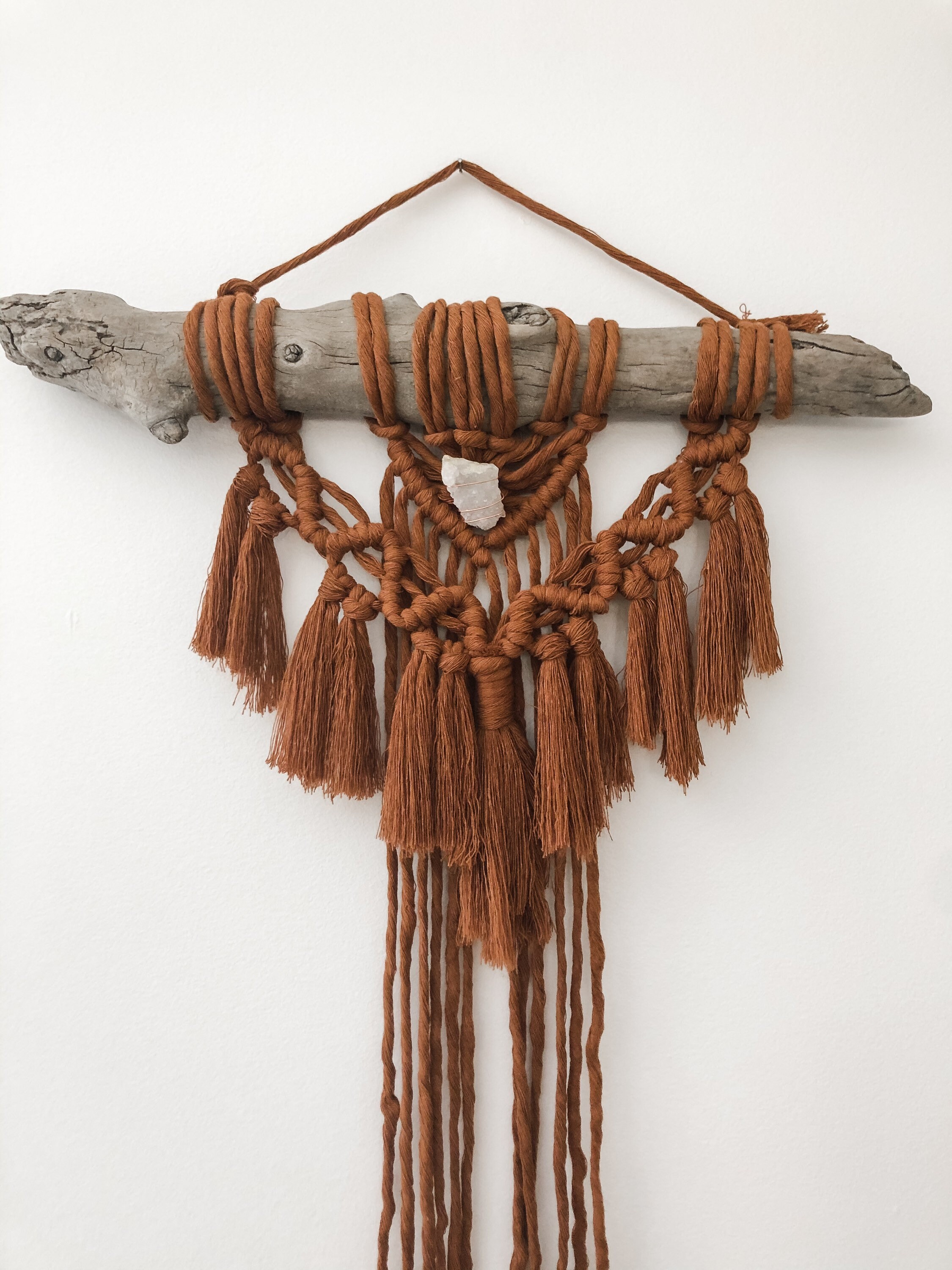 Burnt orange macrame wall hanging with crystal boho wall Etsy