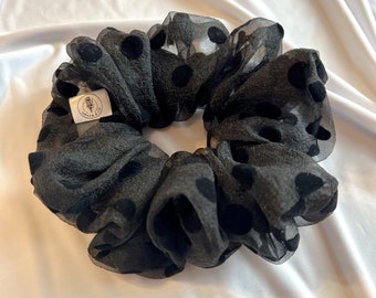 Black Velvet Dotted Sheer Giant Scrunchie | Jumbo Scrunchie | Oversized Scrunchie | Extra Large Scrunchie | Handmade Giant Scrunchies