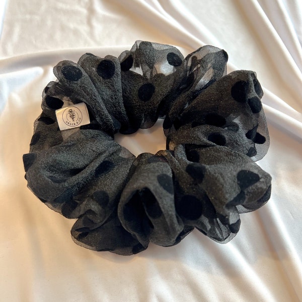 Black Velvet Dotted Sheer Giant Scrunchie | Jumbo Scrunchie | Oversized Scrunchie | Extra Large Scrunchie | Handmade Giant Scrunchies