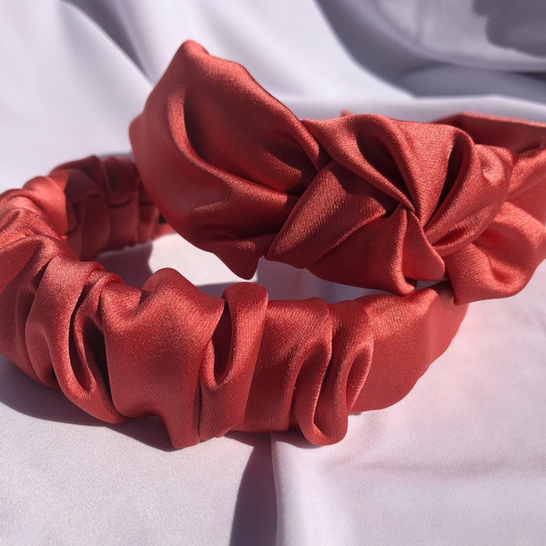 Satin Headband in Terracotta | Satin Scrunchie Headband | Satin Knotted Headband | Handmade Headband | Orange Satin Headband