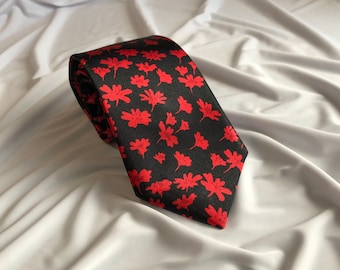 Men’s Satin Tie in Black and Red Floral | Handmade Necktie | Necktie and Pocket Square Set