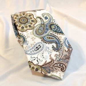 Corbata de algodón para hombre en azul + Paisley tostado / Corbata de salvia, azul y tostado / Corbata hecha a mano