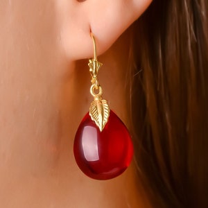 Red Amber Droplet Earrings, Gold Plated Turkish 925 Sterling Silver Fitting and Lever Back Closure, Amber Jewelry, Anniversary Gift
