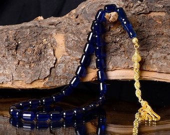 Natural Blue Amber Tespih, Gold Plated 925 Sterling Silver Tassel, Islamic Prayer Beads of 33 Cylinder 6x11mm, Misbaha, Rosary, مسبحة