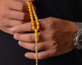 Natural Baltic Amber Tespih, Gold Plated Sterling Silver Tassel, Islamic Prayer Beads