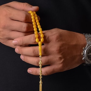 Natural Baltic Amber Tespih, Gold Plated 925 Sterling Silver Tassel, Islamic Prayer Beads of 33 Olive Shape 7x9mm, Misbaha, Rosary, مسبحة