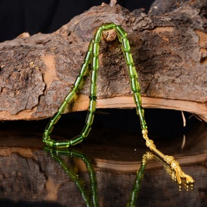 Green Amber Islamic Prayer Beads, Gold Plated 925 Sterling Silver Tassel, Islamic Prayer Beads of 33 Cylinder 5x10mm, Misbaha, Rosary, مسبحة