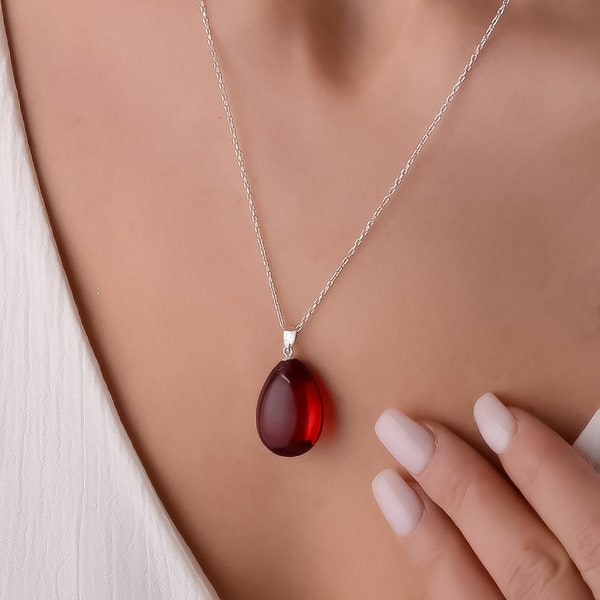 Red Amber - Ruby Amber Pendant - Amber Stone Jewelry - 925 Sterling Silver Pendant - Amber Pendant for Woman