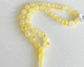 Natural Baltic Amber Prayer Beads, Islamic Prayer Beads made of 33 Lemon Shape 7x8mm Diameter Beads, Luxury White color Tesbih Misbaha مسبحة