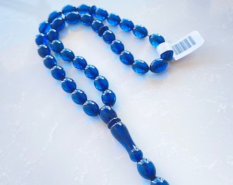 Blue Amber Islamic Prayer Beads - 9x7 mm 33 Olive Shape Beads - Muslim Prayer Beads - Tesbih - Misbaha - Rosary - مسبحة